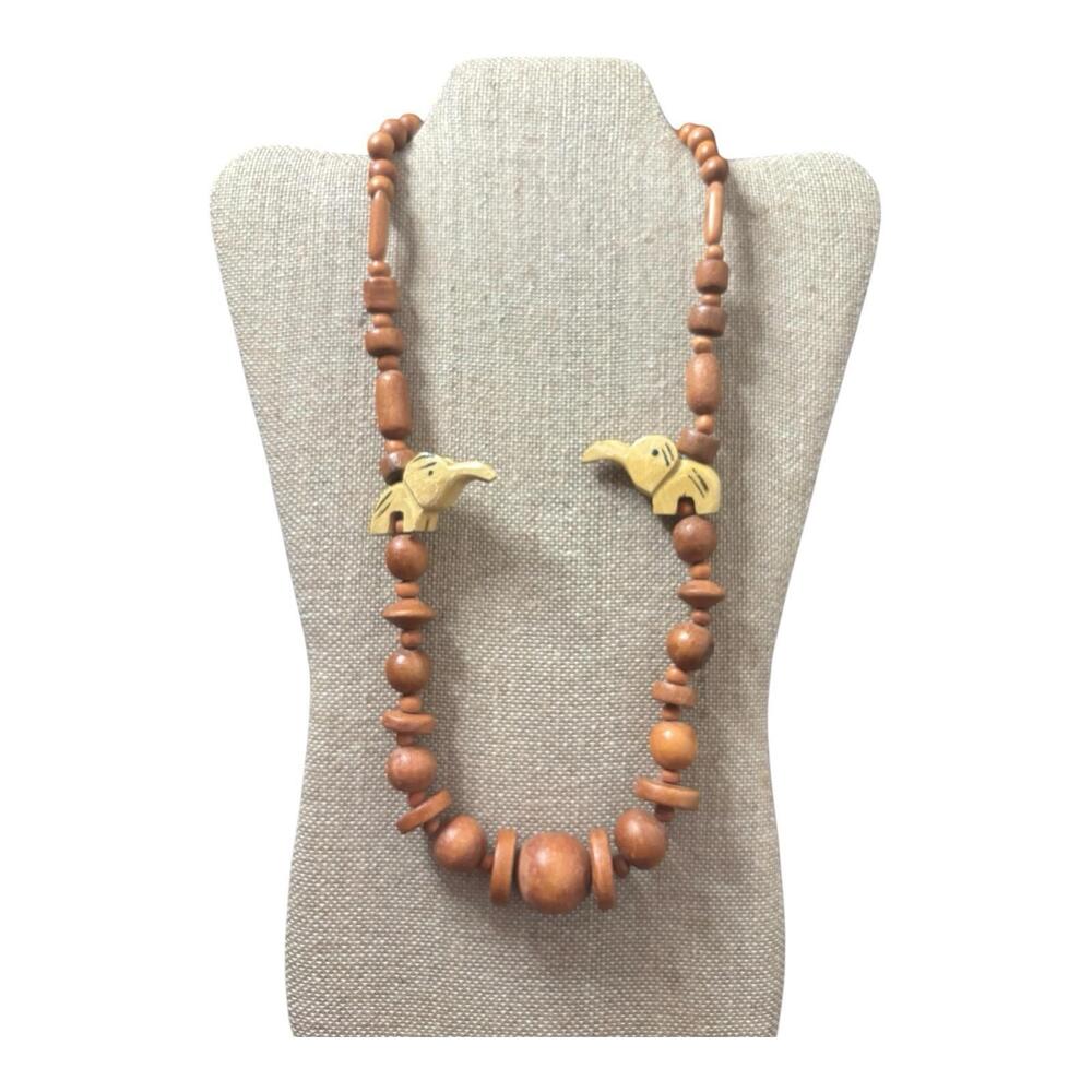 Hand Carved And Crafted Wooden African Safari Elephant Bead Necklace 25”